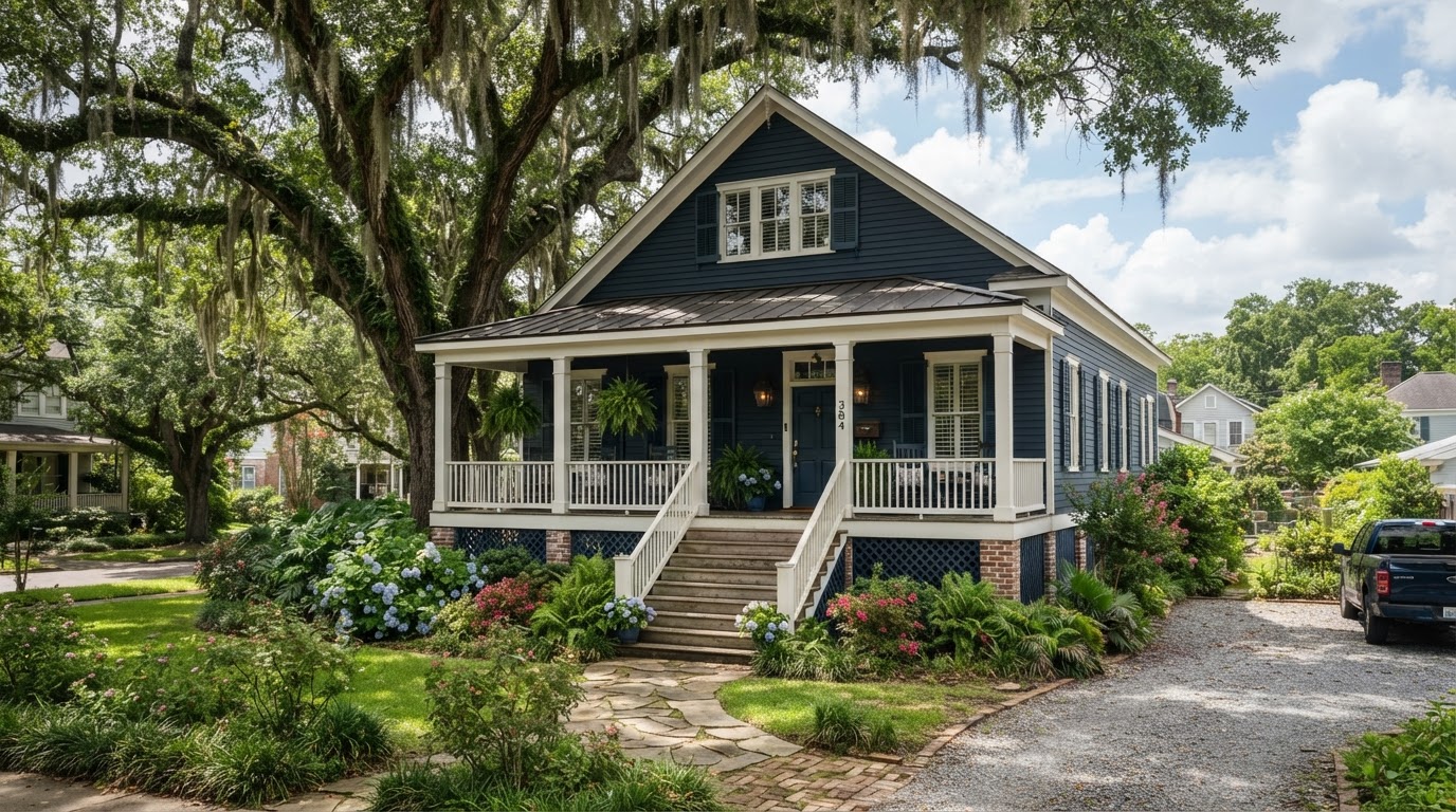 Louisiana residential exterior with mature shade trees and raised cottage architecture in the River Parishes