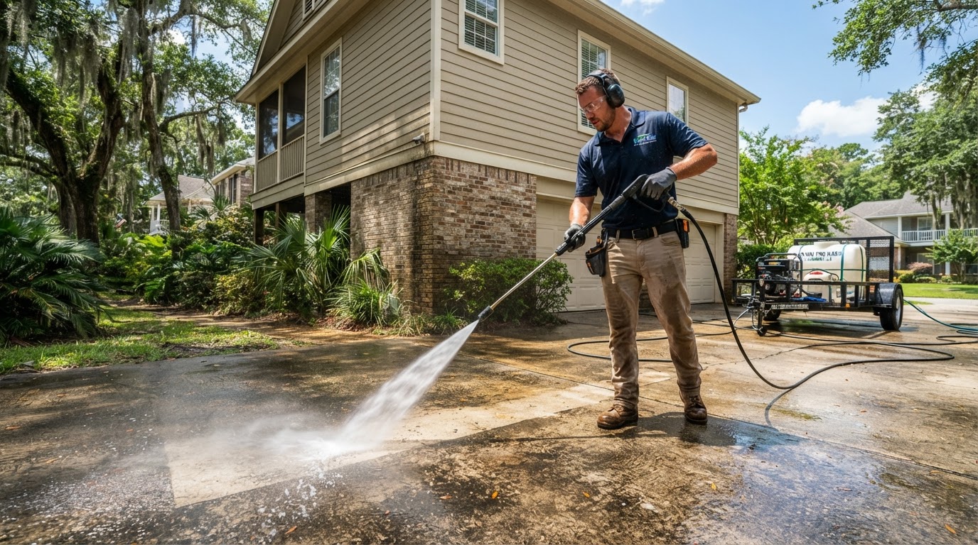 Pressure washing a Louisiana driveway and siding to remove grime on a sunny day