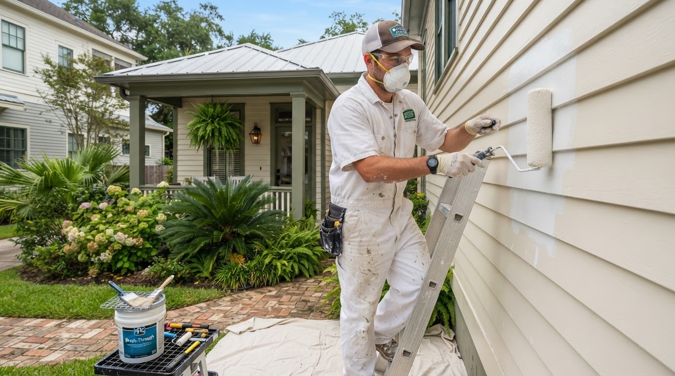 Painter rolling fresh paint onto a Louisiana home exterior with professional equipment