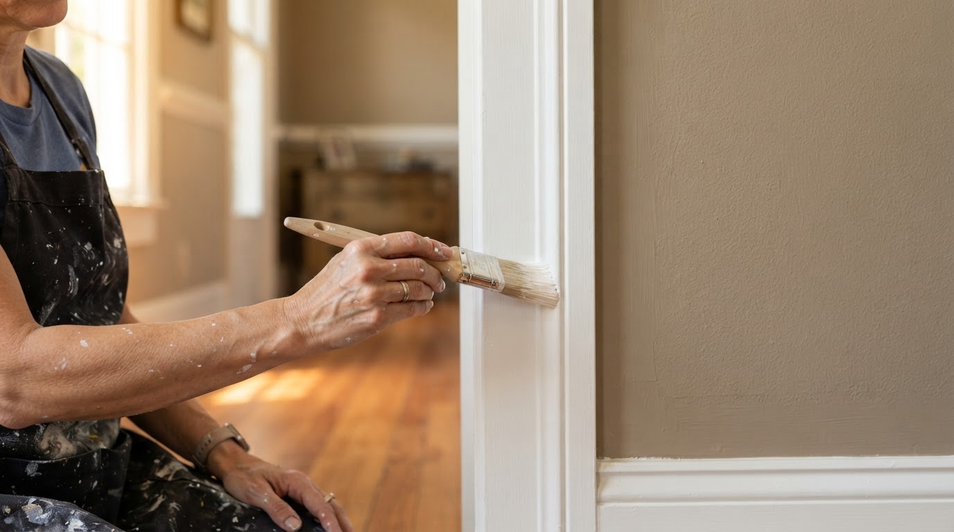 Painter cutting in crisp clean lines along white baseboards and door trim with a quality brush