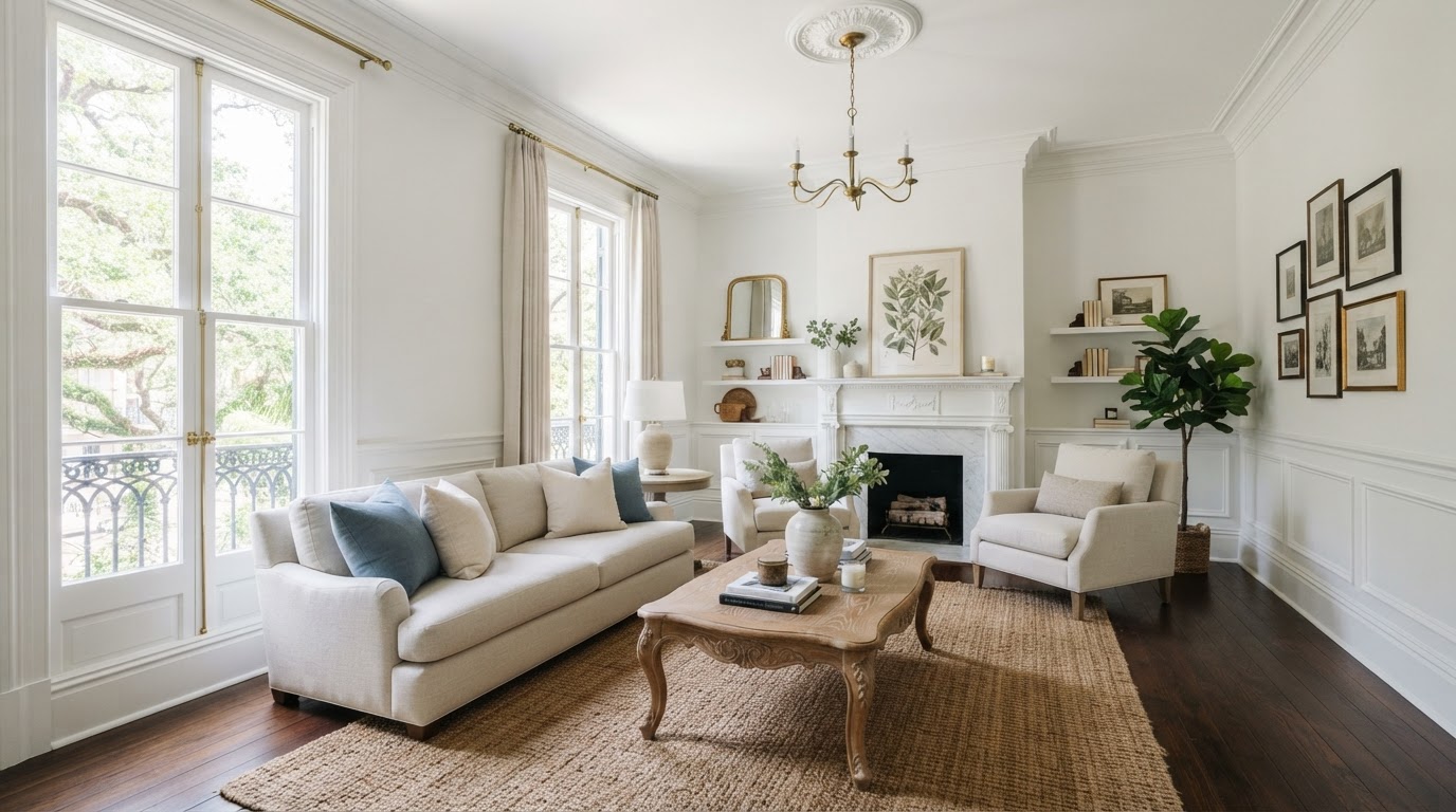 Freshly painted Louisiana living room with crisp white walls and clean trim