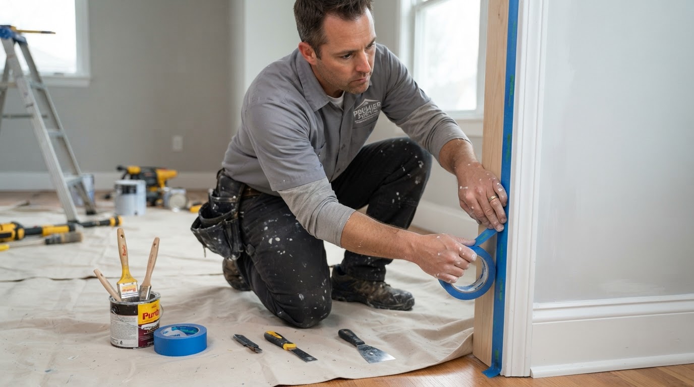 Painter taping and preparing an older wall surface before repainting with primer and patching