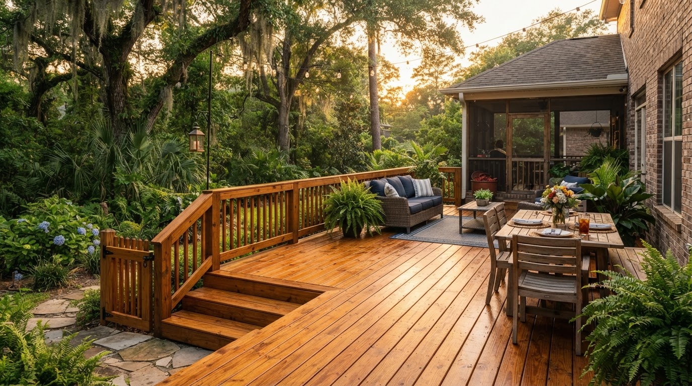 Stained wooden backyard deck in Louisiana with a rich warm finish in golden hour light