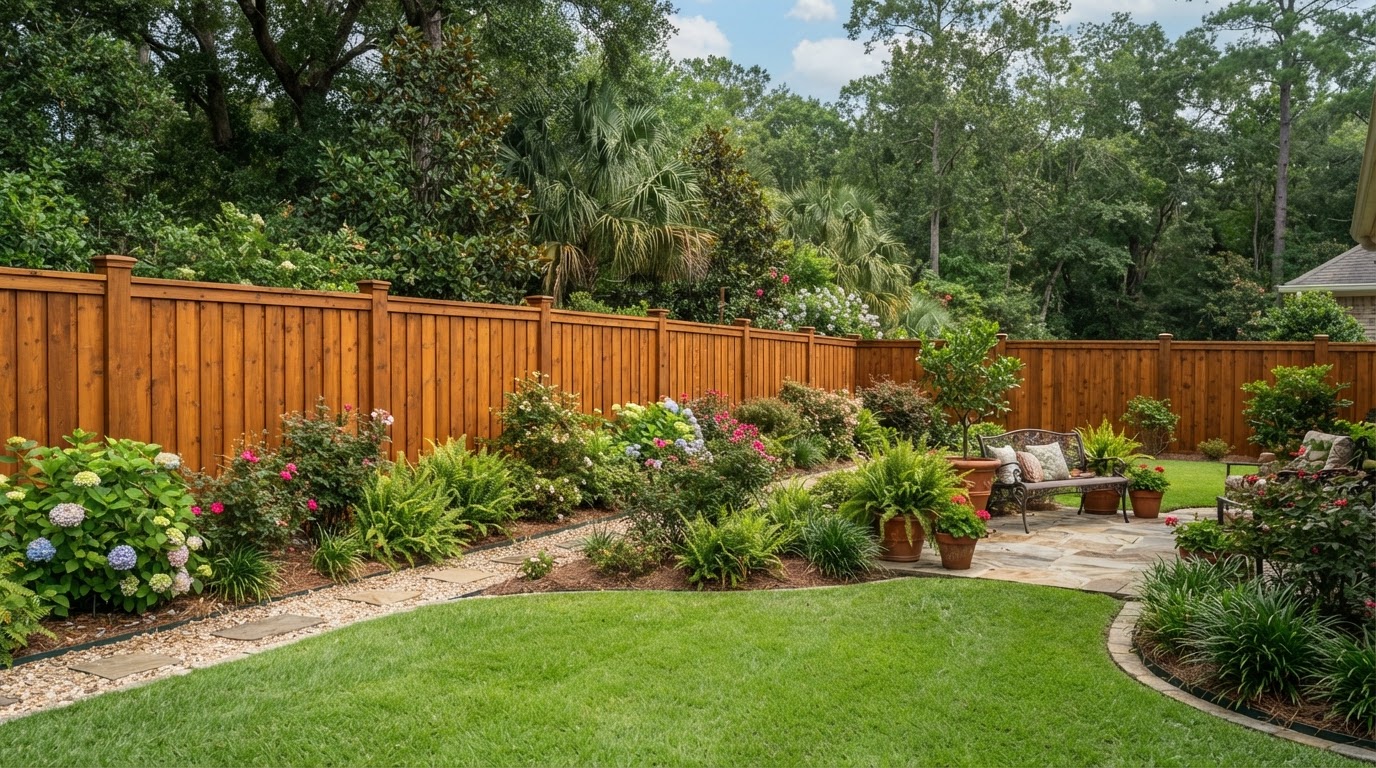 Stained wooden privacy fence in a Louisiana backyard with even warm stain tone