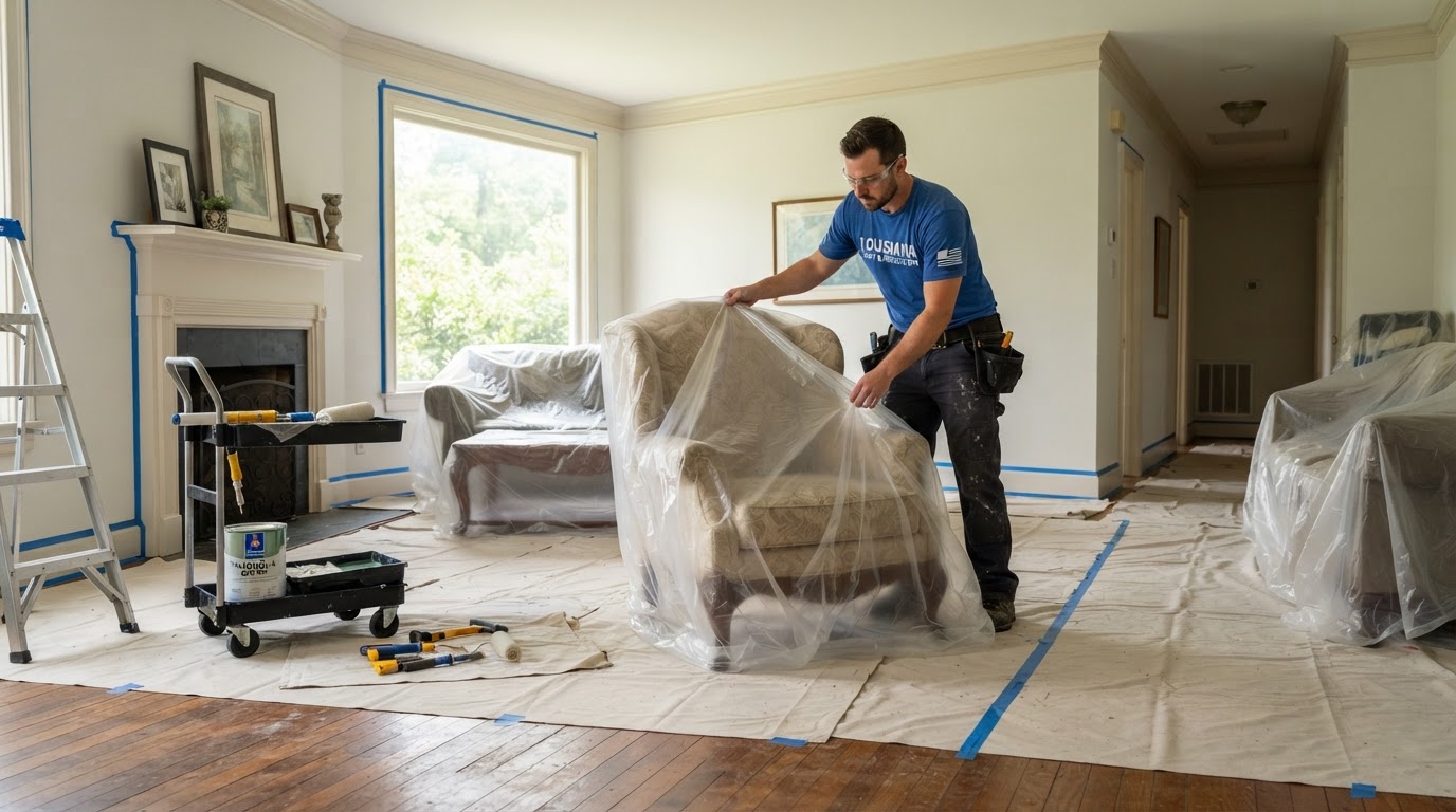 Painter protecting floors and furniture with drop cloths and plastic sheeting before painting