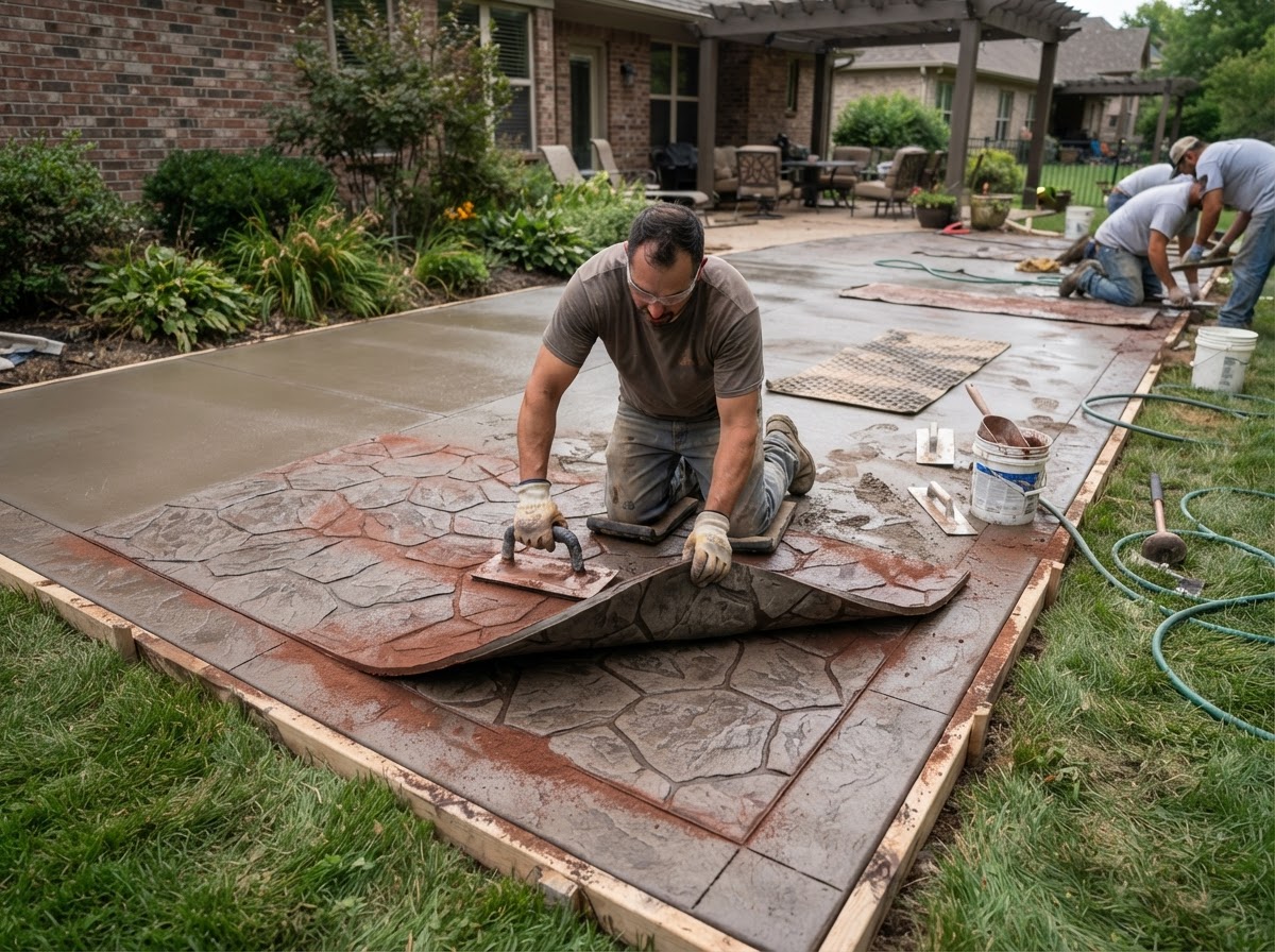 Stamped decorative concrete patio installation