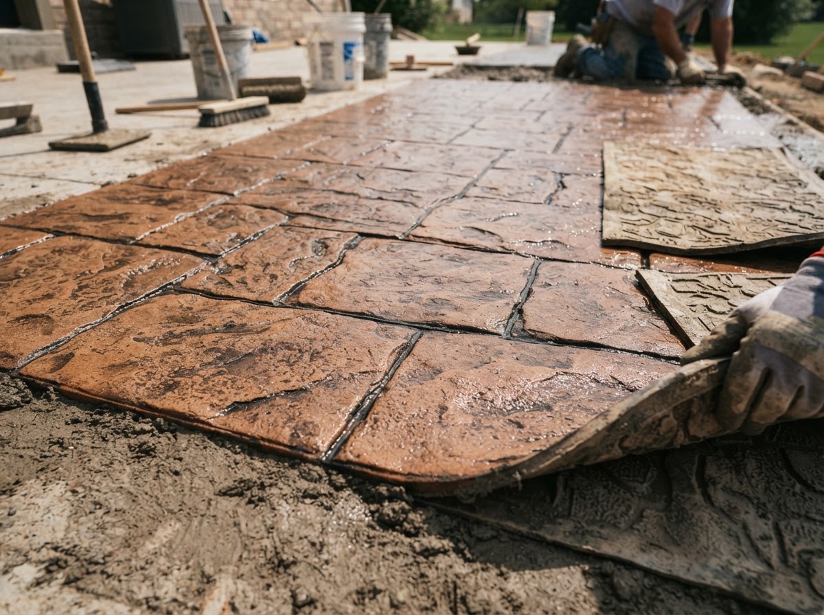 Close-up of stamped decorative concrete texture during installation
