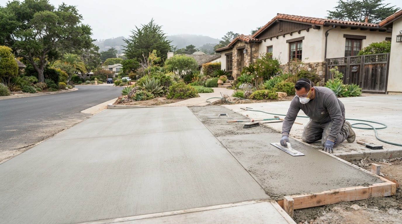 Concrete driveway finishing for a Monterey California home