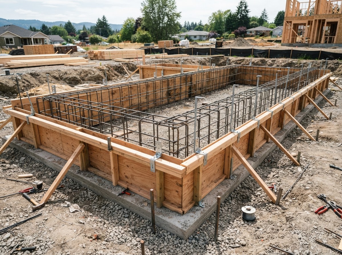 Concrete stem wall forms with rebar and anchor bolts
