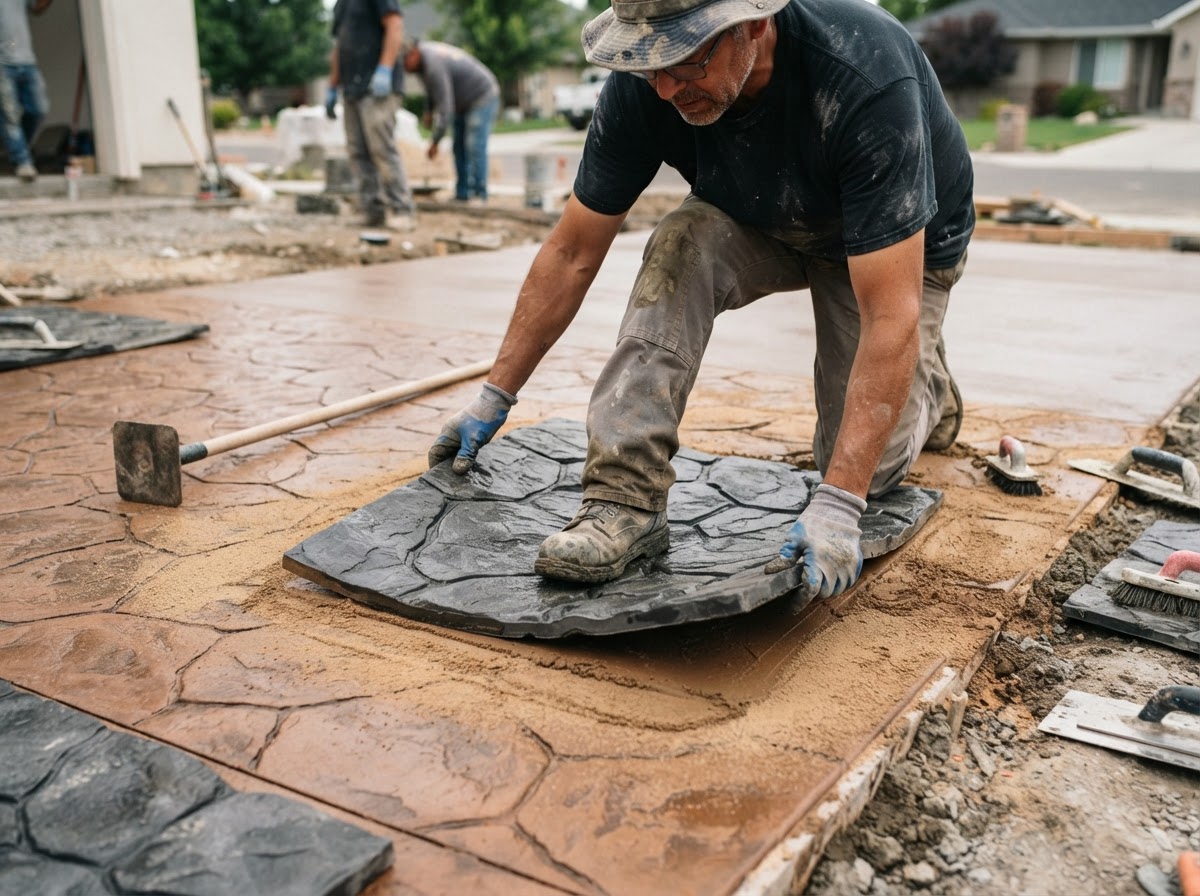 Stamped decorative concrete surface installation