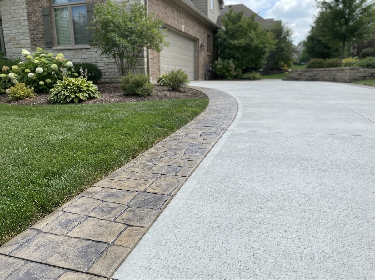 Decorative concrete driveway border with stamped pattern
