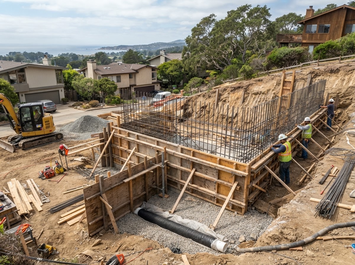 Reinforced concrete retaining wall construction