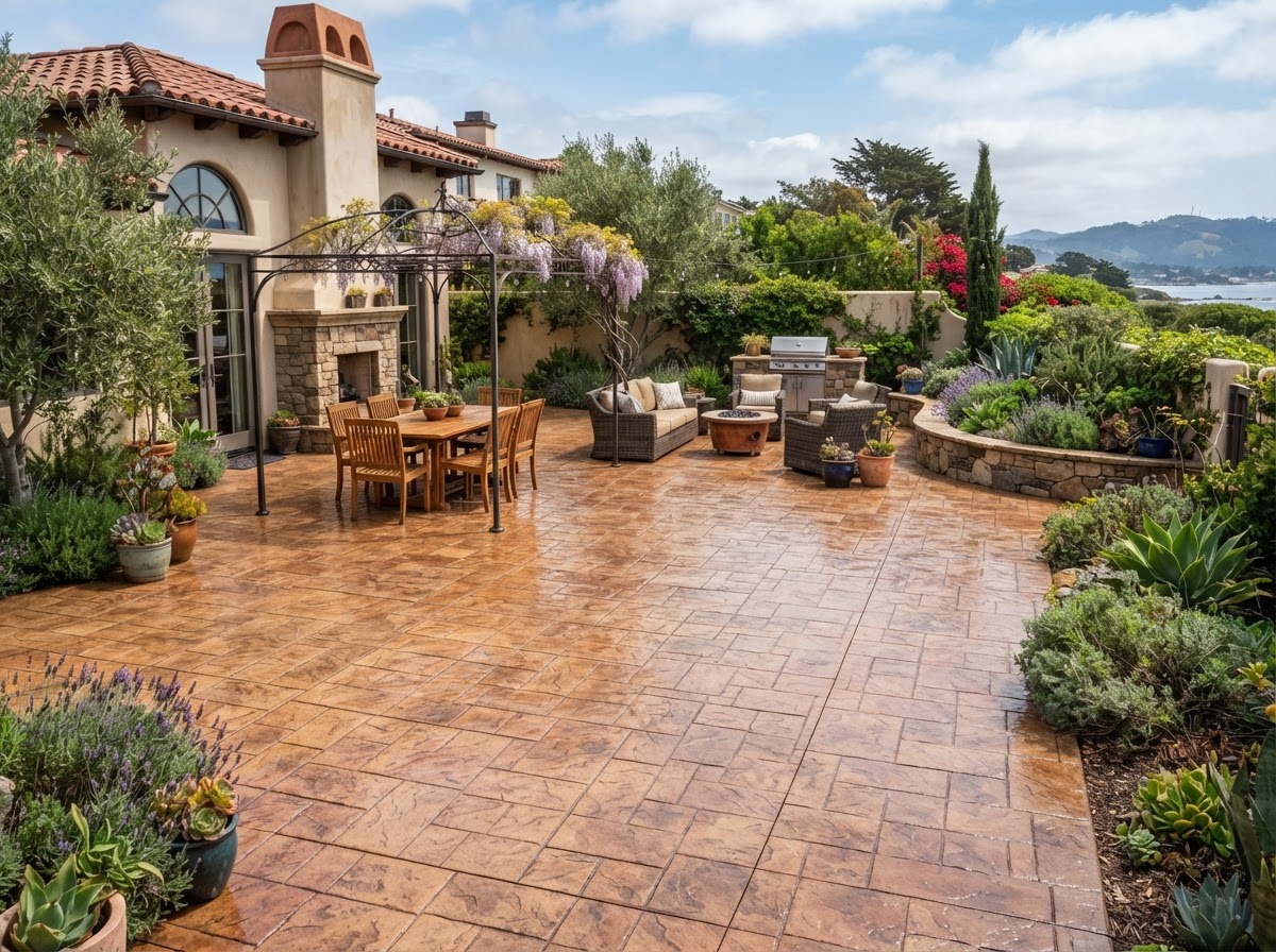 Colored stamped concrete patio with decorative pattern and sealer