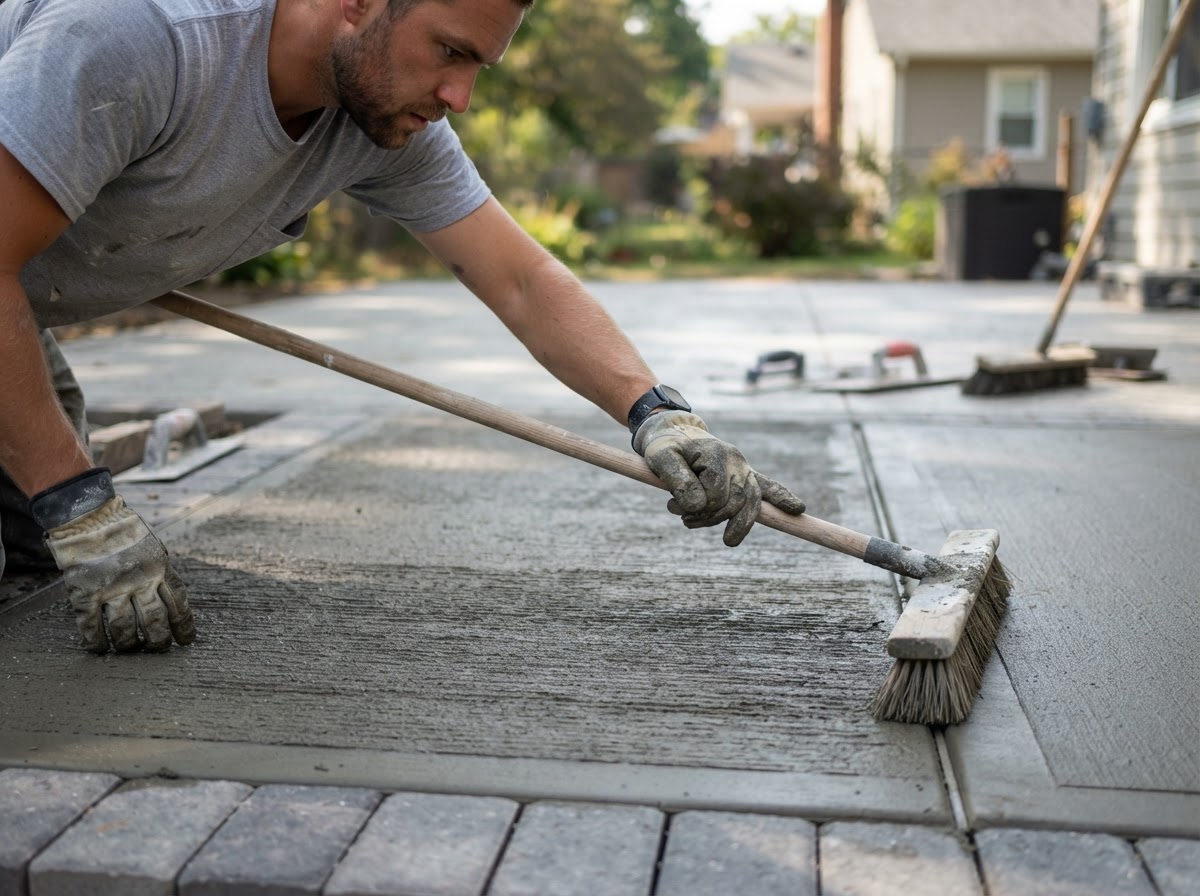 Broom-finished concrete patio surface