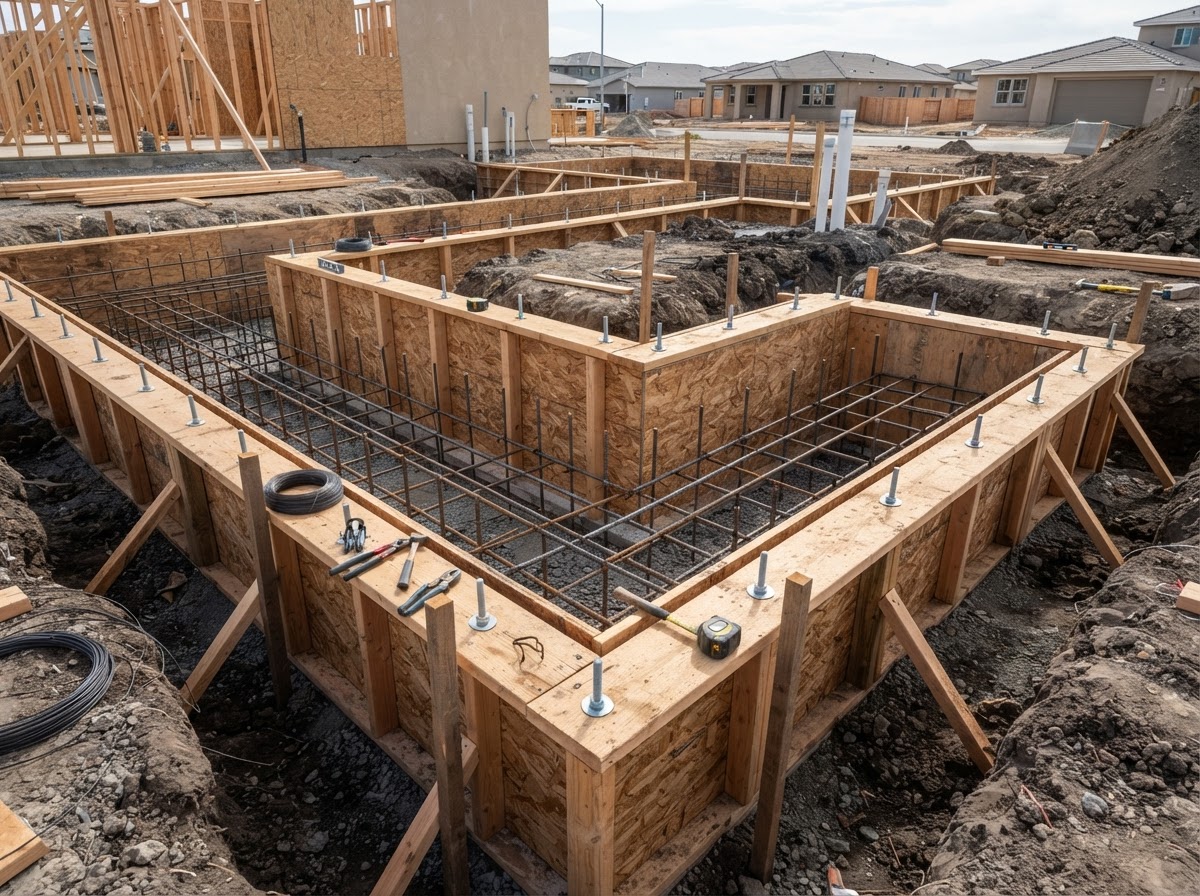 Concrete foundation formwork and reinforcement