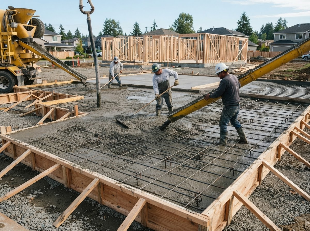 Concrete slab foundation placement with forms and reinforcement