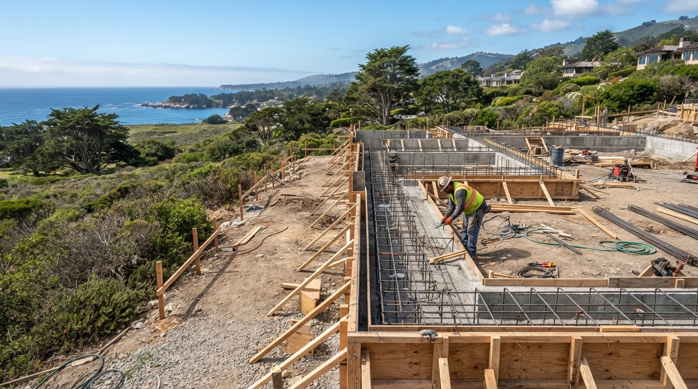 Reinforced concrete foundation formwork with rebar before placement