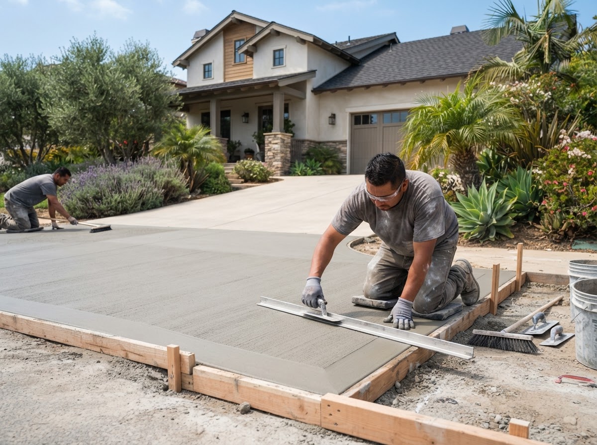 Broom-finished concrete driveway installation in Monterey