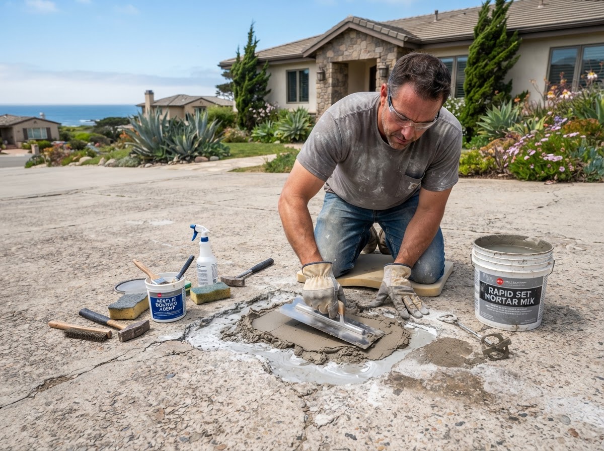 Professional concrete repair on a damaged exterior slab