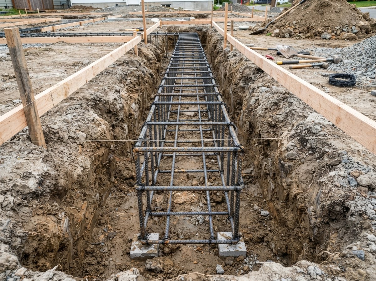 Concrete footing reinforcement with rebar in excavated trench