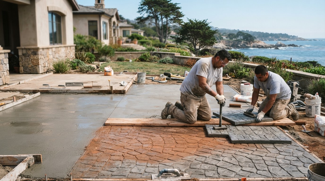 Stamped decorative concrete installation with stamp mats in Monterey