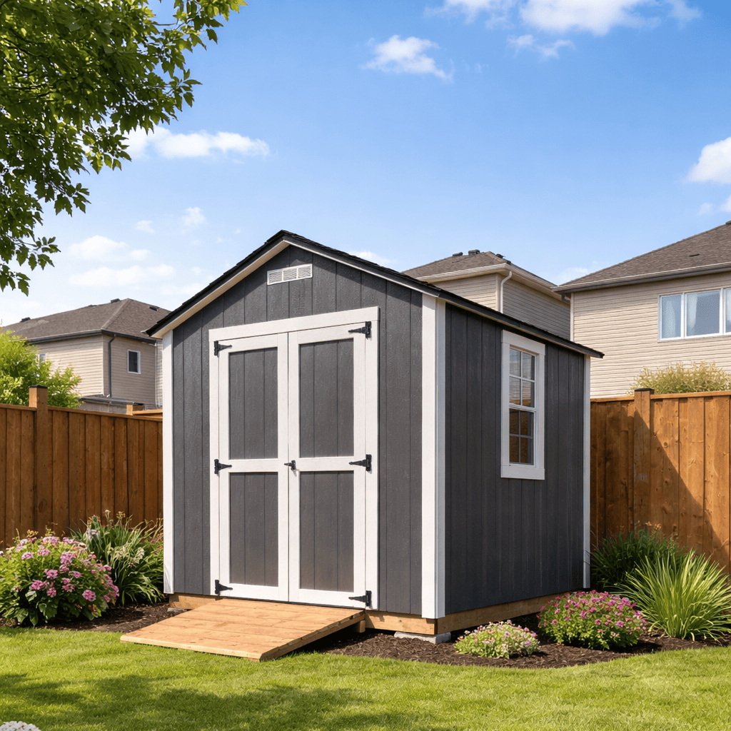 Charcoal grey Backyard Shed with wooden ramp
