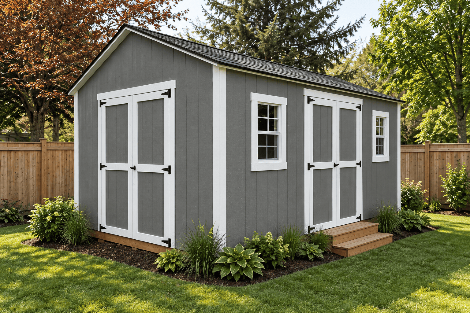 Grey Backyard Shed with white trim, gable double doors, side double doors with wood steps and two side windows