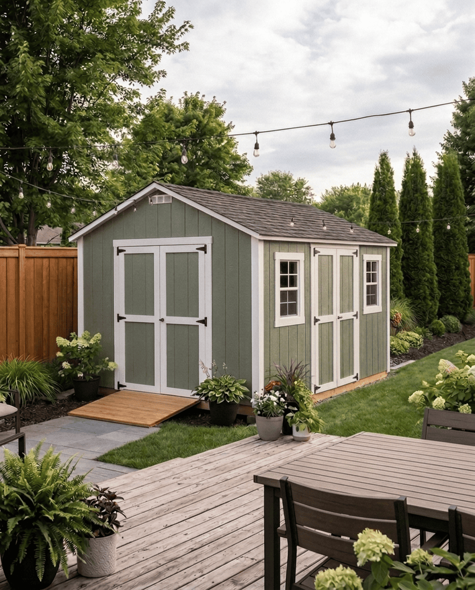 Green Backyard Shed with optional additional doors and ramp set beside a wooden deck
