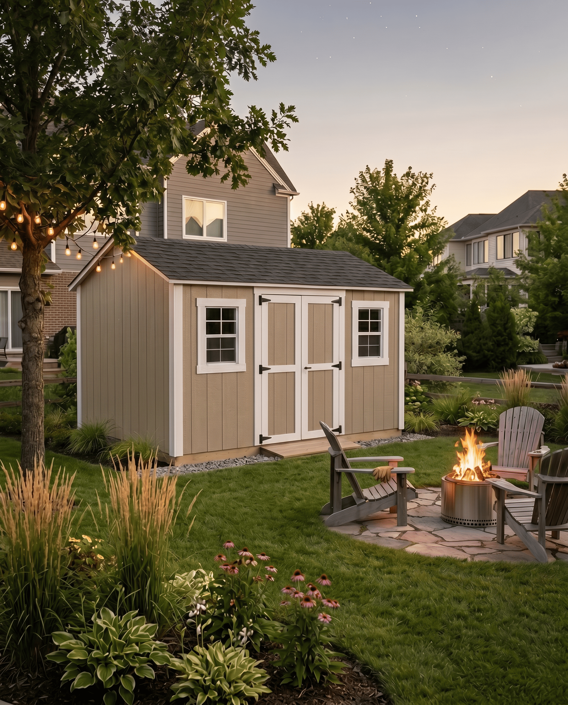 Tan Backyard Shed in a landscaped backyard with garden, seating and evening lighting