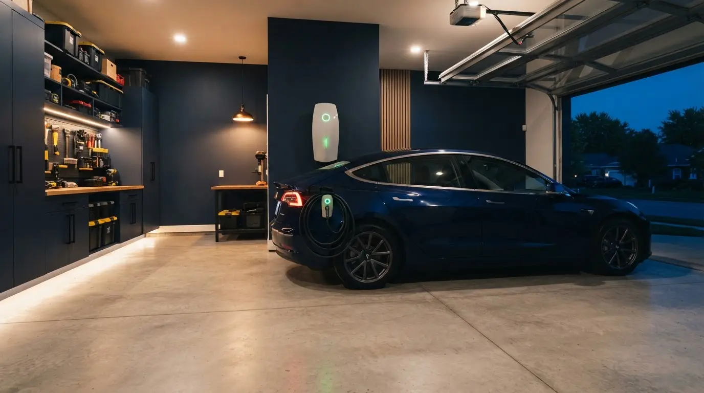 EV wall charger mounted in a residential garage with an electric vehicle charging