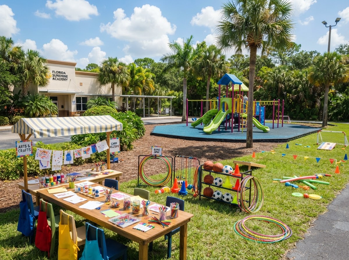 Summer camp scene with outdoor games, an arts and crafts table, and sports equipment on a sunny playground