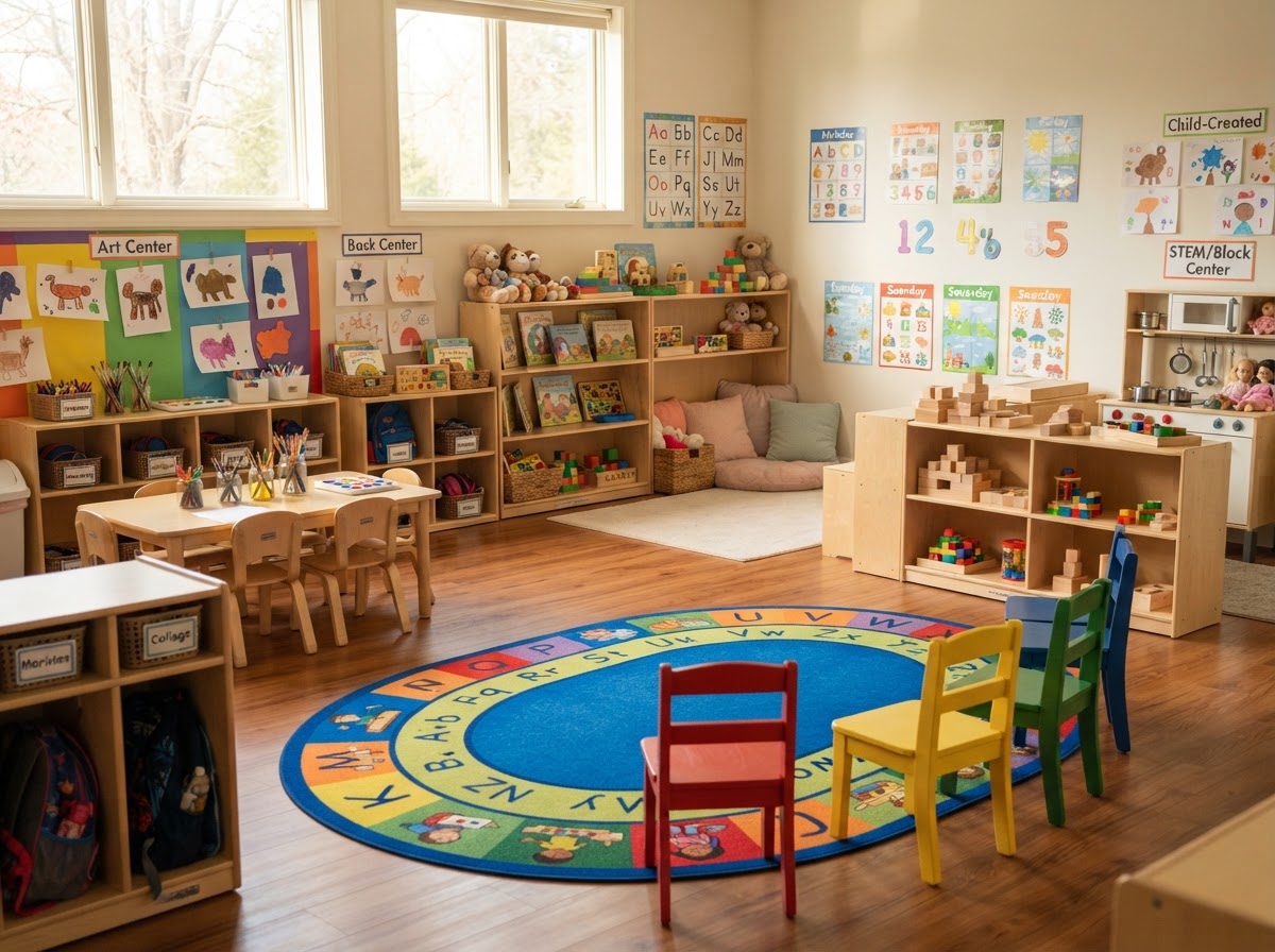 Preschool classroom with learning centers, art supplies, a circle time rug, and small chairs