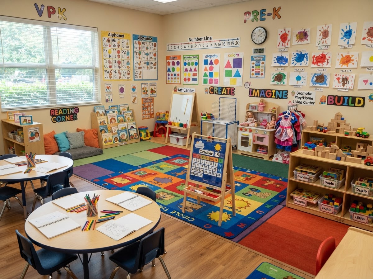 VPK prekindergarten classroom with letter and number displays, learning centers, and a circle time area