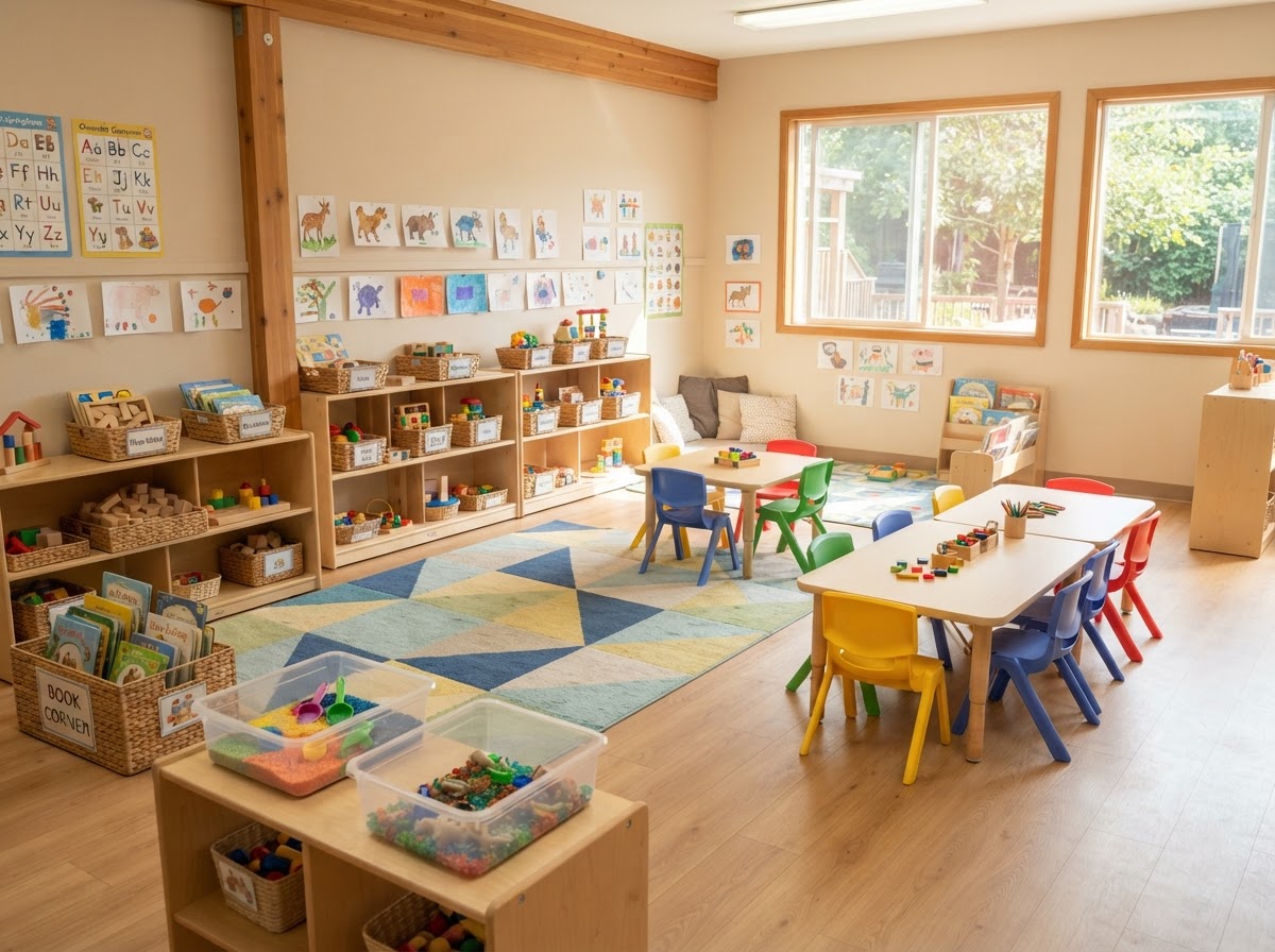 Toddler classroom with low tables, sensory bins, blocks, and a book basket on a soft rug