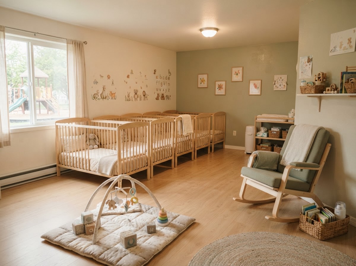Calm infant room with low cribs, a rocking chair, and a soft play mat in warm natural light