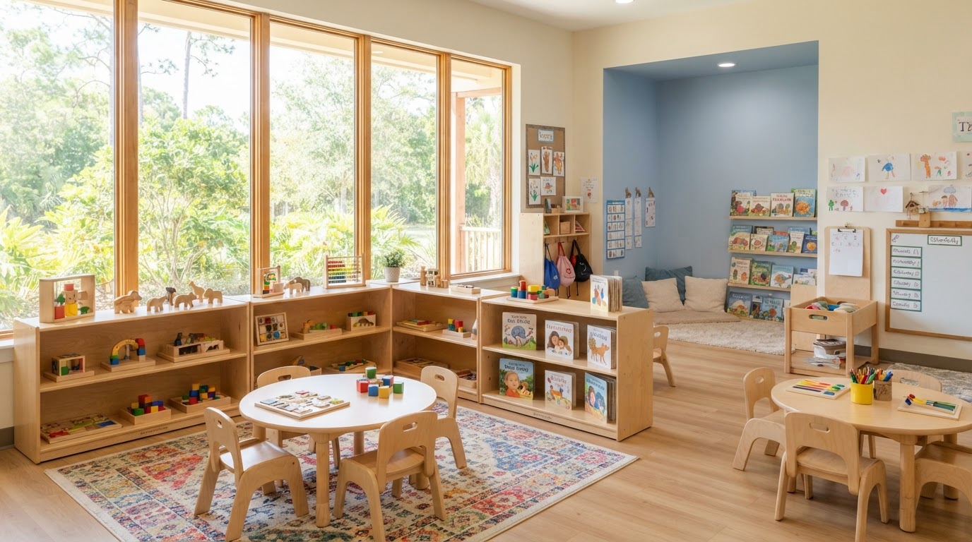 A bright Jelly Bean Junction classroom with natural light, low wooden shelves, and a reading nook