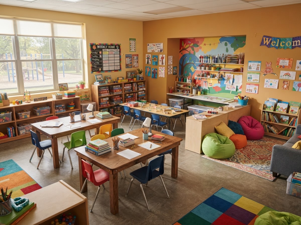 School age activity room with homework tables, board games, art supplies, and comfortable seating