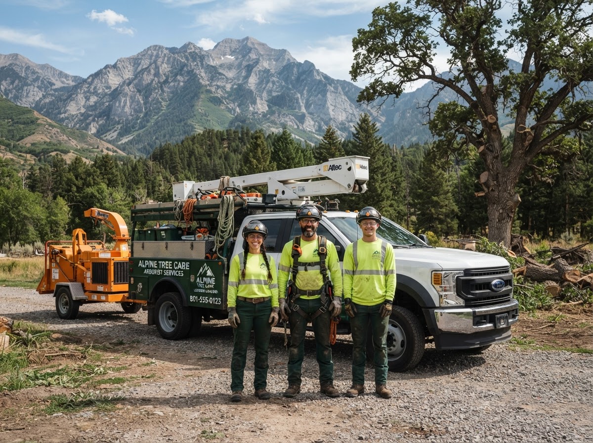 Two tree care professionals in safety helmets and harnesses standing beside climbing rope and rigging gear at a residential job site in Utah County, Utah