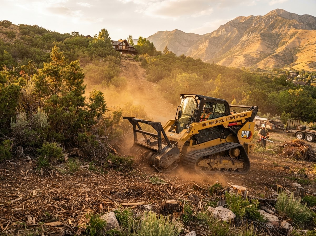 Skid steer clearing juniper brush and deadwood across a sloped Utah County hillside lot, with native sage and foothills near Eagle Mountain, Utah