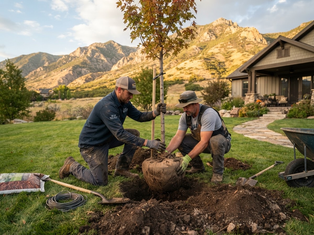Worker setting the root ball of a young tree into a freshly dug hole at the correct depth during a planting service in Eagle Mountain, Utah