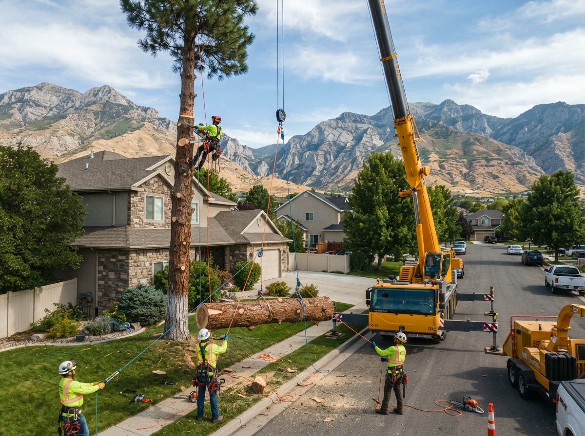 Crew lowering a large section of trunk with rigging ropes during a sectional tree removal beside a residential home in Eagle Mountain, Utah