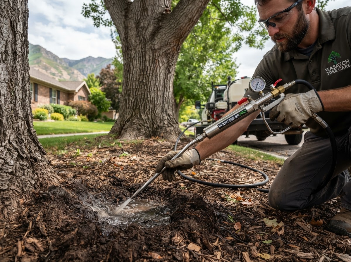 Technician injecting fertilizer deep into the root zone of a tree with a soil probe during a plant health care treatment in Eagle Mountain, Utah