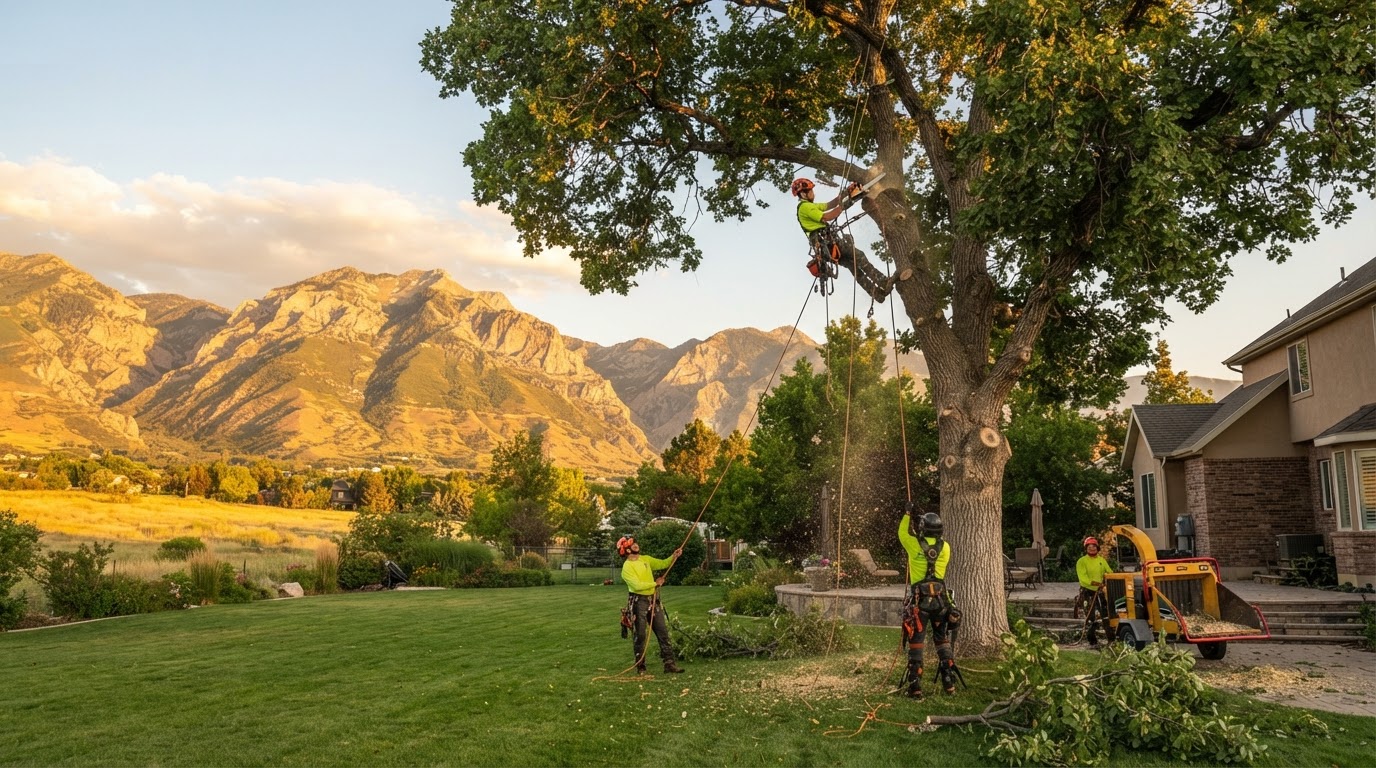 Tree care crew member in a bucket truck trimming high branches of a large mature shade tree, with Utah mountain foothills visible in the background near Eagle Mountain, Utah