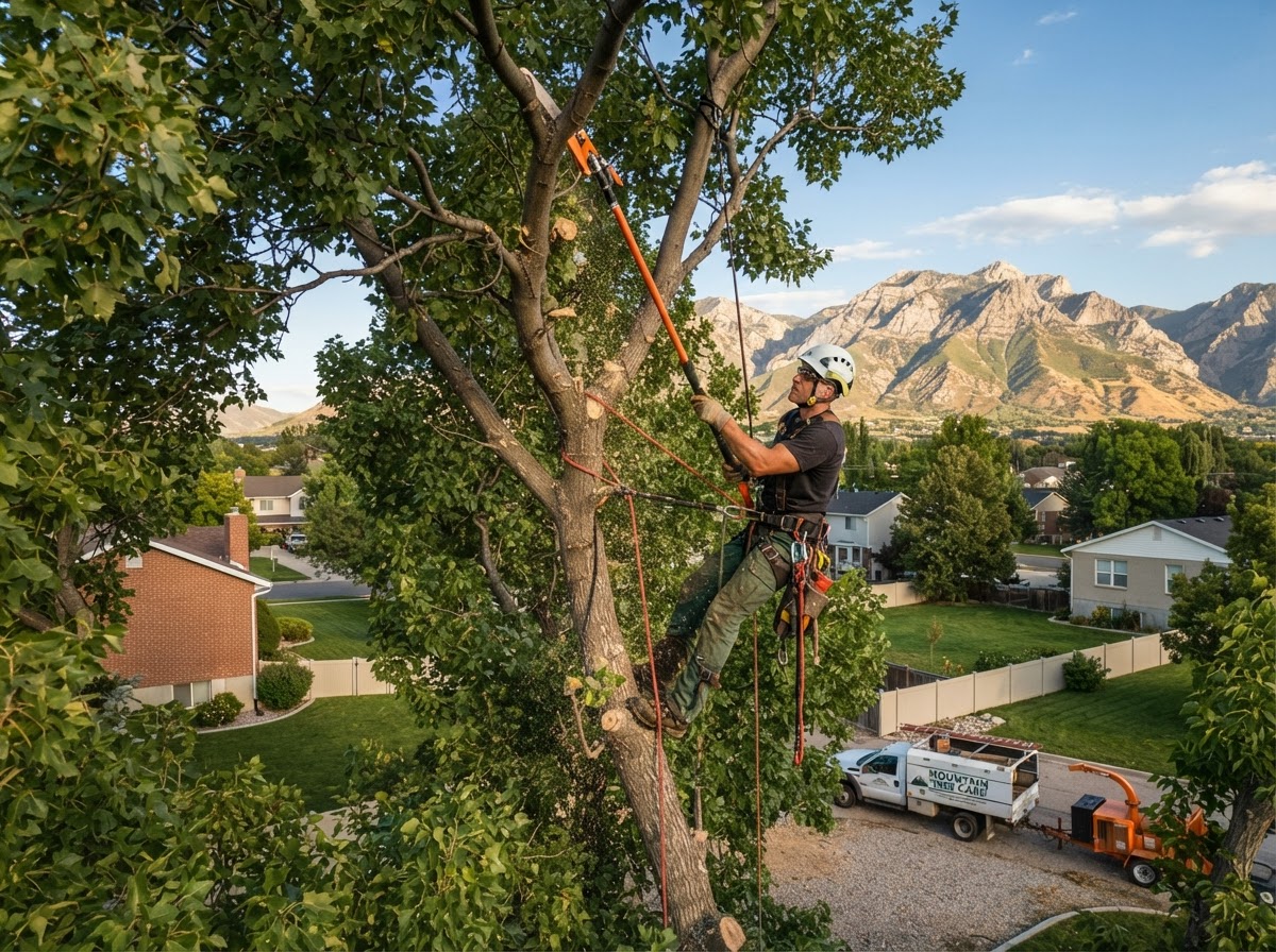 Arborist using pole pruners to selectively cut crossing branches from the canopy of a large shade tree during a trimming service in Eagle Mountain, Utah
