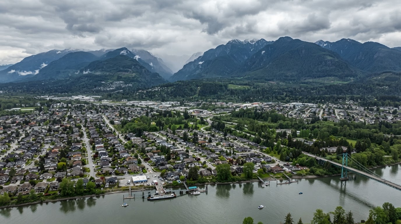Aerial view of Maple Ridge BC suburban rooftops near forested mountains for roofing services in Maple Ridge