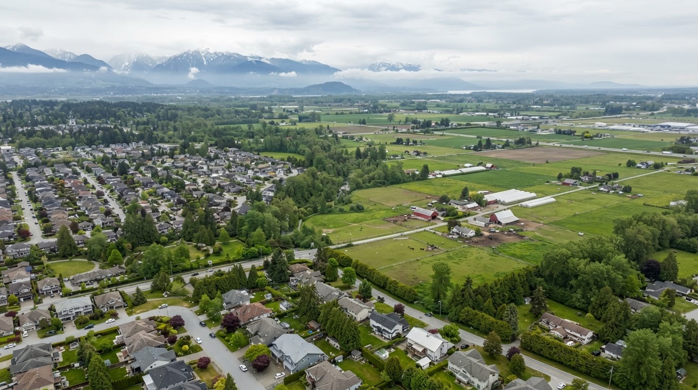 Aerial view of Langley BC residential rooftops and farmland for roofing services in Langley