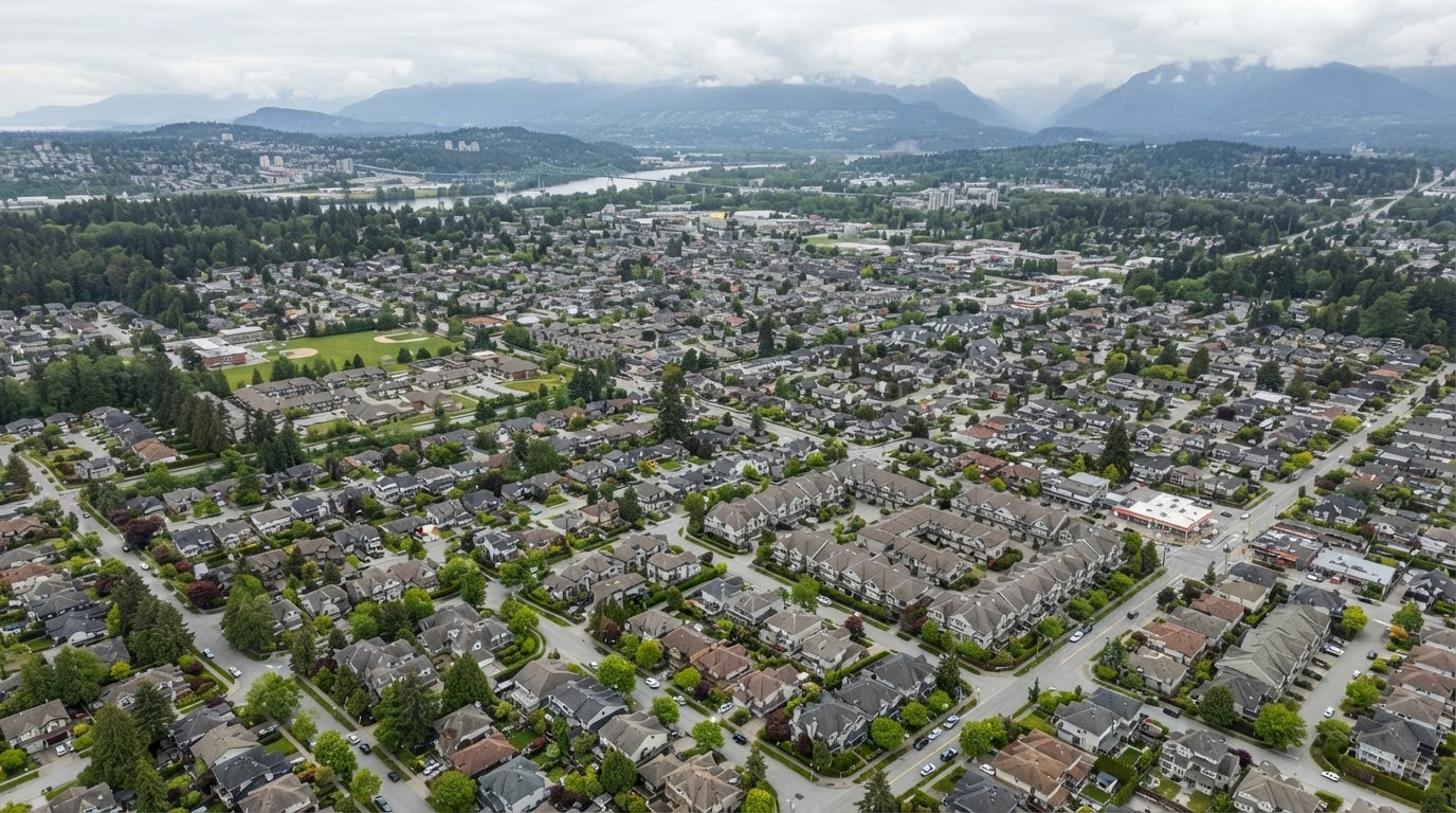 Aerial view of Surrey BC suburban rooftops and townhome complexes for roofing services in Surrey