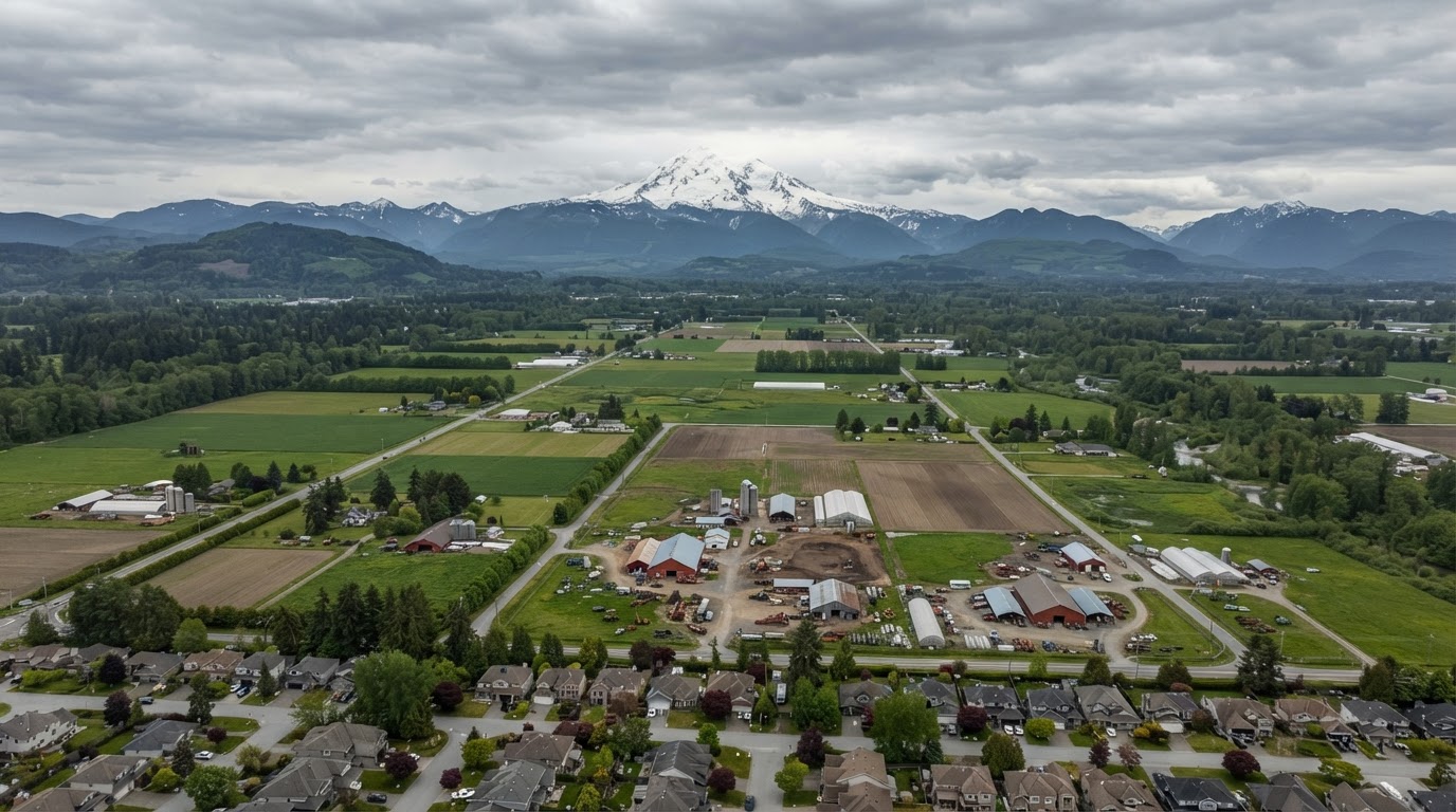 Aerial view of Abbotsford BC agricultural properties, barns and suburban rooftops for roofing services in Abbotsford