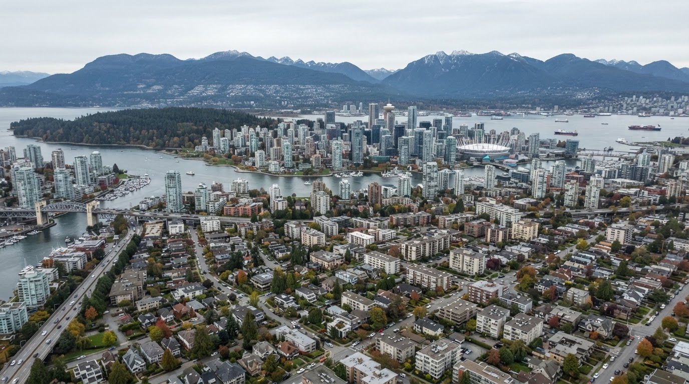 Aerial view of Vancouver BC downtown skyline and character homes for roofing services in Vancouver