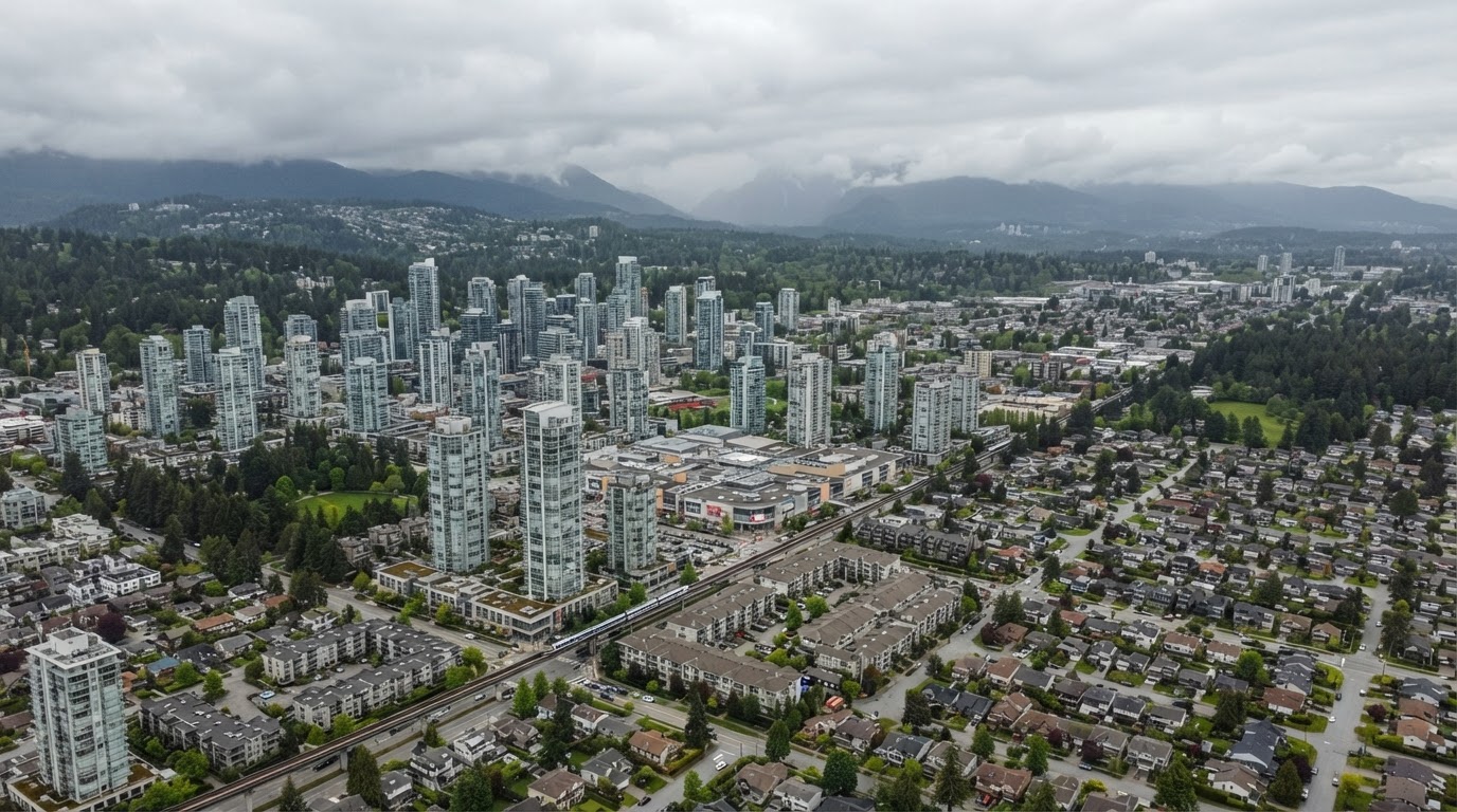 Aerial view of Burnaby BC high-rise rooftops and townhome complexes for roofing services in Burnaby
